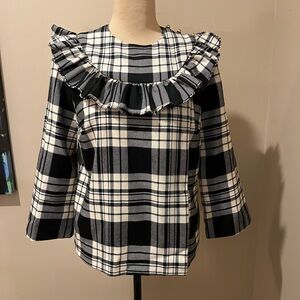 Loeffler Randall Black & Off White Plaid Ruffle Blouse Crew Neck w ruffle, sz 4